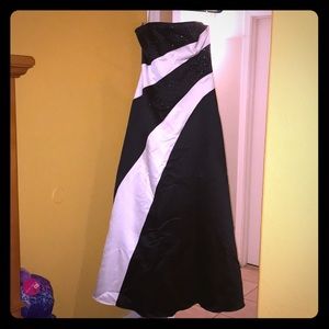 Strapless black and white floor length prom dress